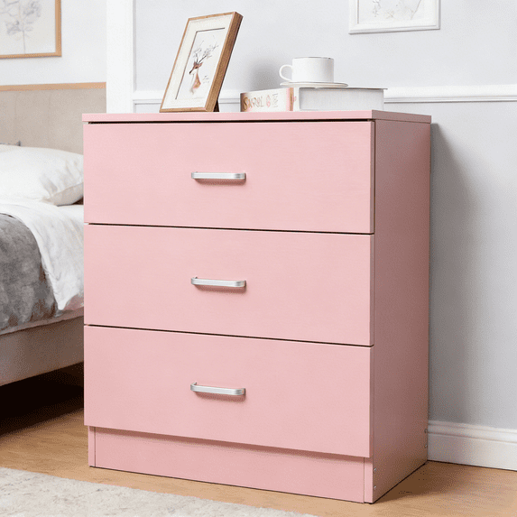Ktaxon Pink 3 Drawer Dresser Nightstand Modern Wood Chest of Drawers Bedroom Pink Finish