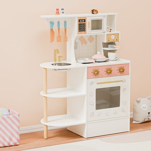 Ktaxon Play Kitchen for Kids, Wooden Kids Kitchen Playset with Plenty of Play Features, Chef Pretend Play Set for Boys and Girls Age 3+, with 14 Pcs Accessories