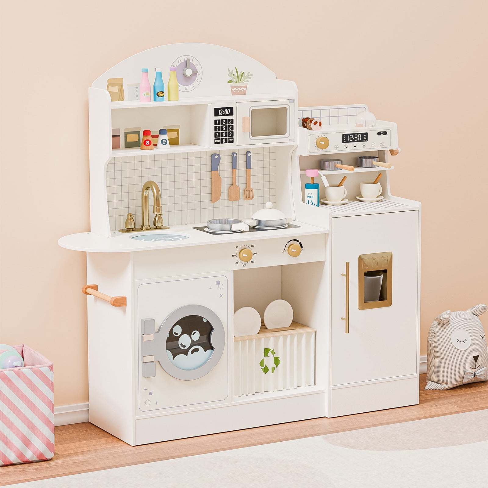 Ktaxon Play Kitchen for Kids, Wooden Kids Kitchen Playset with Plenty ...