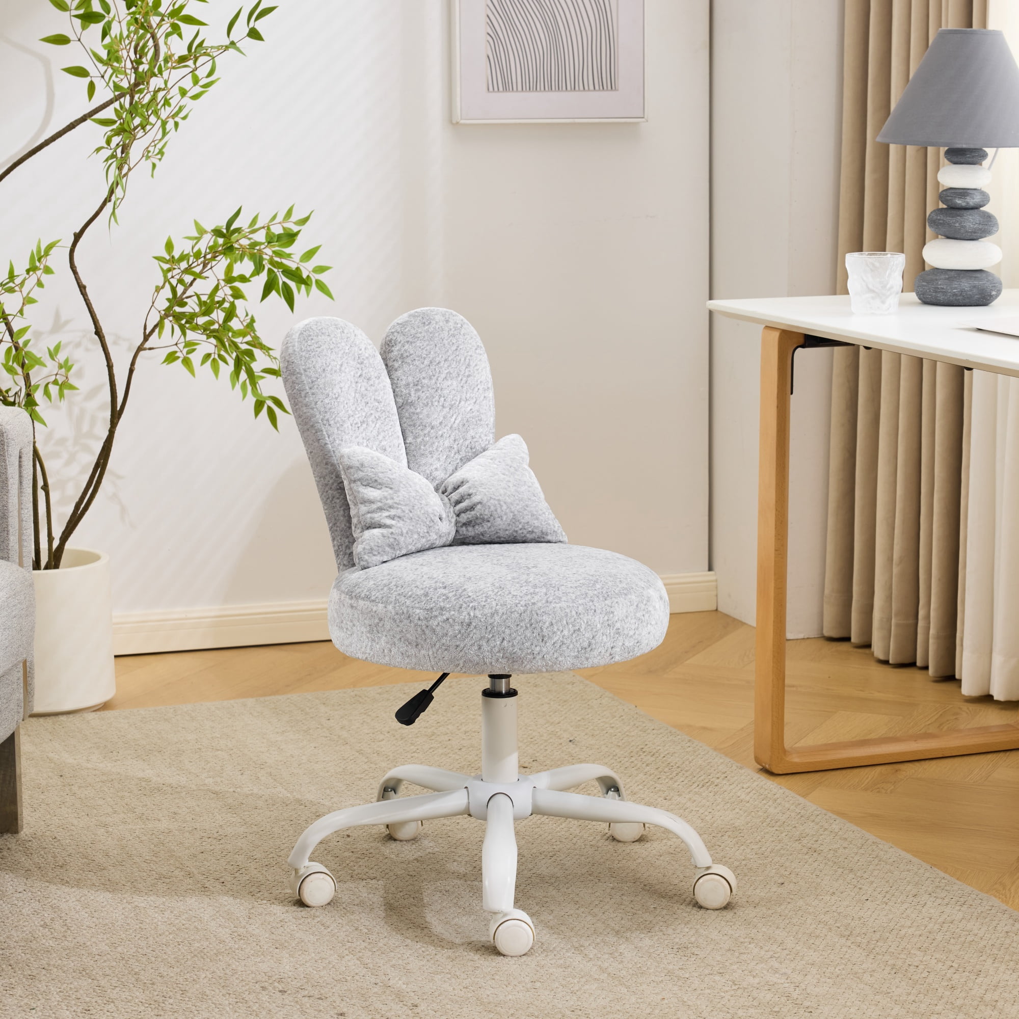 Ktaxon Plush Velvet Office Chair, Rabbit Ear Backrest Vanity Chair, Adjustable Swivel Reading Chair for Home Office Gray