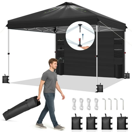 Ktaxon 10x10 Ez Pop Up Canopy Tent,Outdoor Sun Shade Shelter,Outdoor Gazebo,One Push Setup with Pockets Sidewall,1 Roller Bag,4 Sandbags,UPF50  - Black