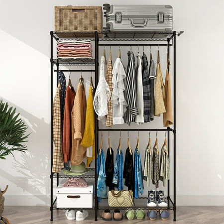 Ktaxon Portable Clothes Rack Heavy Duty Closet Garment Rack Freestanding Wardrobe Clothing Storage Rack Closet Organizer with 4 Shelves & 3 Hanging Rails Black