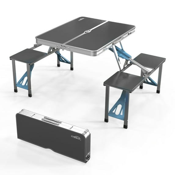 Ktaxon Portable Folding Picnic Table With 4-Person Chair Seats Aluminium Alloy, Black