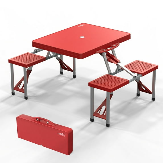 Ktaxon Portable Folding Picnic Table With 4-Person Chair Seats, Foldable Plastics Camping Table Set, Red