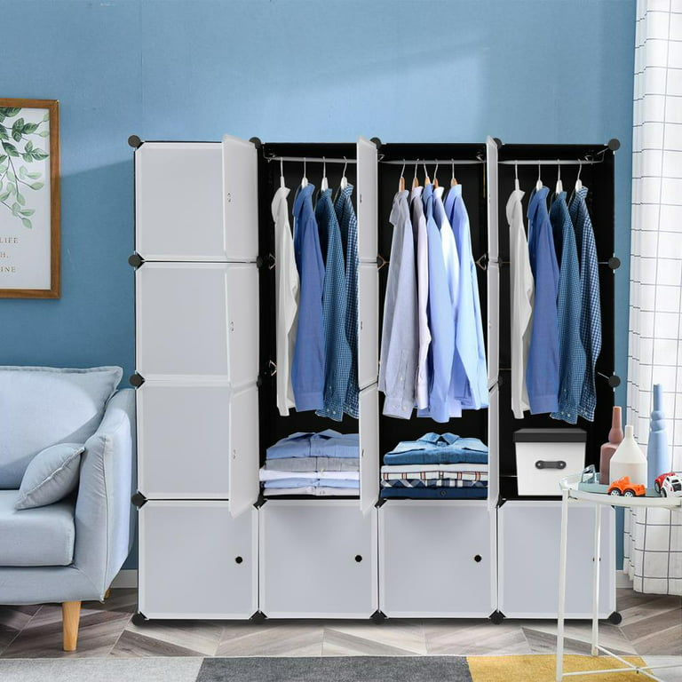 Ktaxon Portable Wardrobe Closets,16-Cube 14x 18 DIY Clothes Storage  Organizer Shelf with Door & 3 Hanging Rods, Black