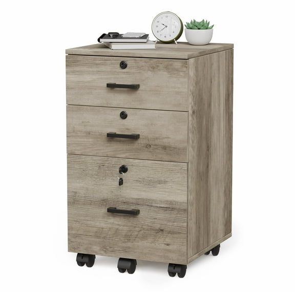 Ktaxon Portable Wood Rolling File Cabinet with 3 Drawers for Letter Size, for Home Office, Oak