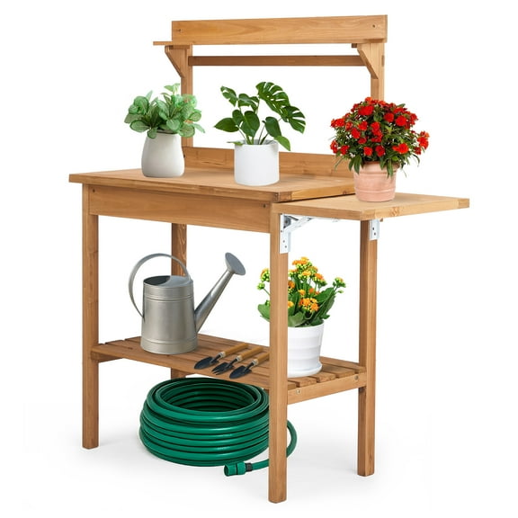 Ktaxon Outdoor Wooden Potting Bench with Metal Top, 2 Drawers & Storage Shelf, Natural