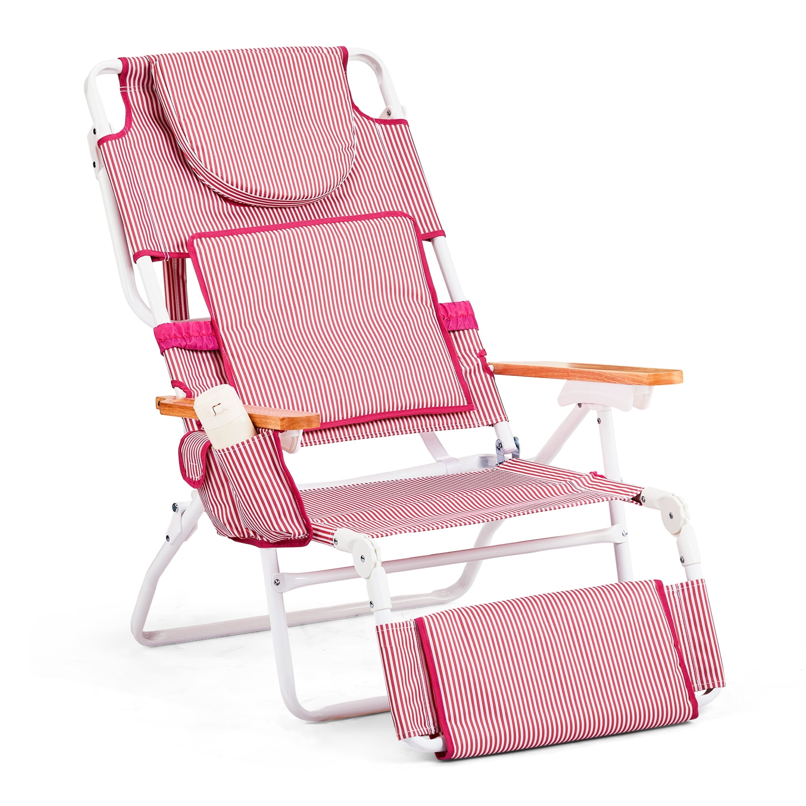 Ktaxon Premium 3-in-1 Outdoor Lounge Chair – Adjustable Recliner with Face Cutout, Footrest, Drink Holder & Carry Bag (Pink)