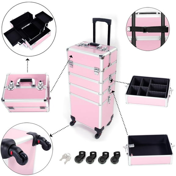Ktaxon Professional 4in1 Rolling Aluminum Cosmetic Train Case Beauty Makeup Artist Case Pink