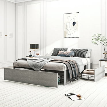 Ktaxon Queen Size Bed Frame with 3 Drawers Storage, Platform Bed with Metal and Wood Frame, Gray