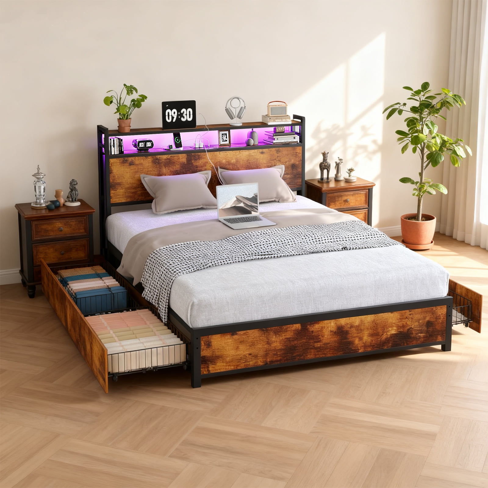 Ktaxon Queen Size Bed Frame with Charging Station & LED Storage Headboard, Metal Platform Bed Frame with 4 Underbed Drawers for bedroom, Vintage Brown