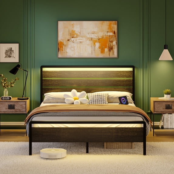 Ktaxon Queen Size Bed Frame with LED Headboard & Footboard, Metal Platform Bed with Charging Station, Black