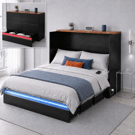 Ktaxon Queen Size Murphy Bed with LED Lights, Charging Station, Foldable Wall Bed Cabinet, Space-Saving, Black