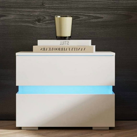 Ktaxon RGB LED Double Side Nightstand, End Table with 2 Drawer, High Gloss Bedside Table,Bedroom/Living Room,White