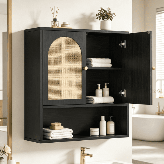 Ktaxon Rattan Bathroom Cabinet Wall Mount, Medicine Cabinet Storage Organizer with 2 Door and 1 Adjustable Shelves, Black