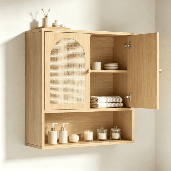 Ktaxon Rattan Bathroom Cabinet Wall Mount, Medicine Storage Organizer with 2 Door and 1 Adjustable Shelves, Oak Rattan