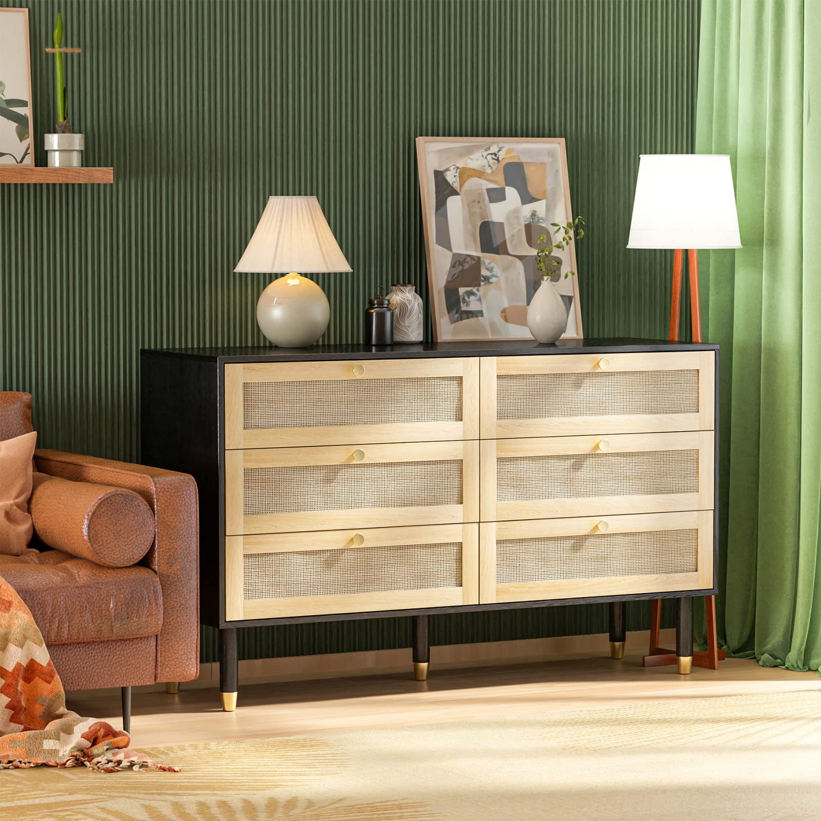 Ktaxon 6-Drawer Rattan Dresser, Mid Century Modern Boho Chest in Black,  55""W x 17.8""D x 33""H" - Walmart.com
