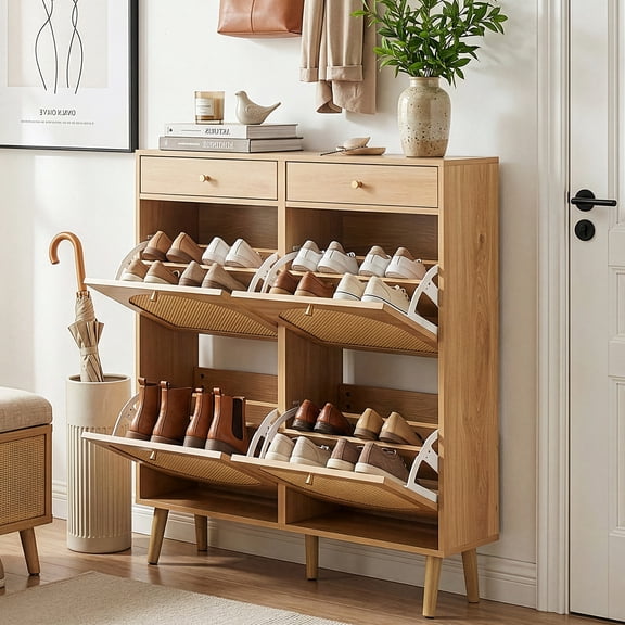 Ktaxon Rattan Shoe Cabinet with 4 Flip Drawers 2 Drawers, 20 Pairs, Narrow Shoe Storage for Entryway Apartment, Natural