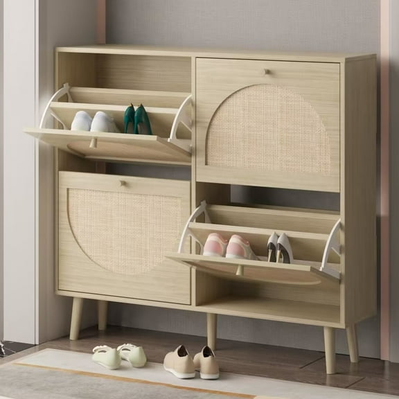 Ktaxon Rattan Shoe Cabinet with 4 Flip Drawers 24 Pairs,Narrow Shoe Storage Cabinet for Entryway, Bedroom, Living Room, Apartment, Natural