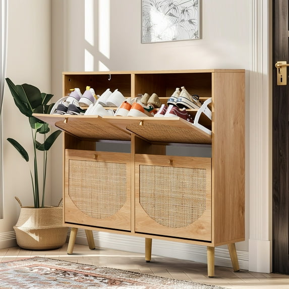 Ktaxon Rattan Shoe Cabinet with 4 Flip Drawers 24 Pairs,Narrow Shoe Storage Cabinet for Entryway, Bedroom, Living Room, Apartment, Natural