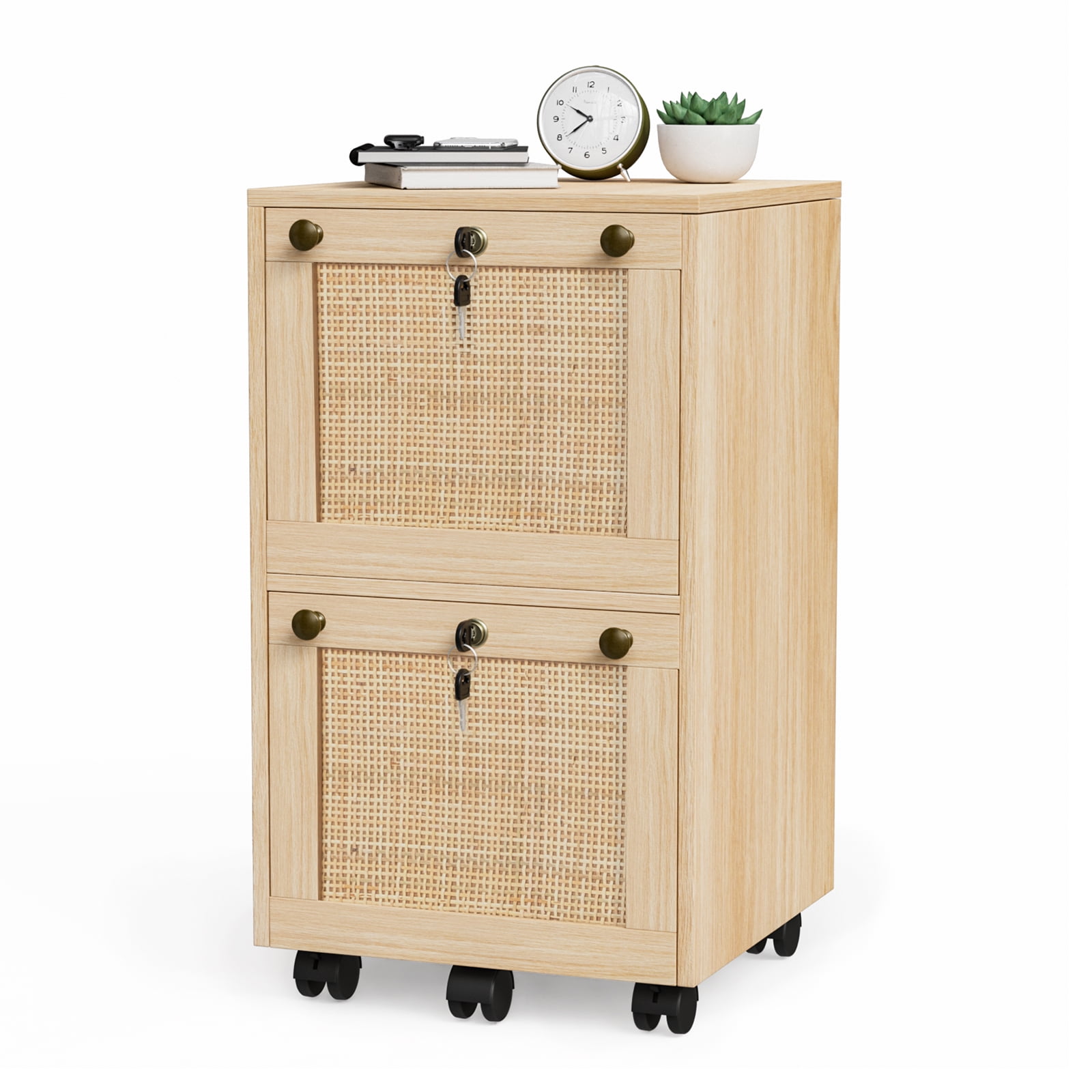 Ktaxon Rattan Wood File with 2 Drawers, Portable Vertical Mobile Wooden Storage Filing