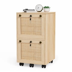 Ktaxon Rattan Wood File Cabinet with 2 Drawers, Portable Vertical Mobile Wooden Storage Filing Cabinet, for Home Office, Natural