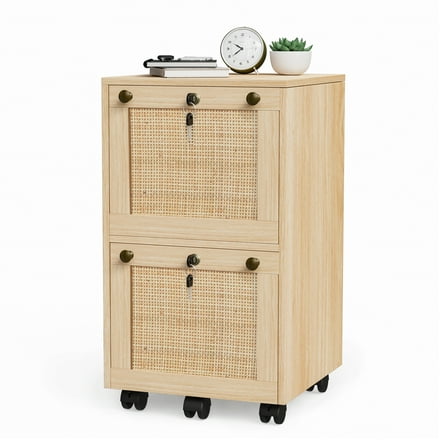 Ktaxon Rattan Wood File Cabinet with 2 Drawers,  Portable Vertical Mobile Wooden Storage Filing Cabinet, for Home Office, Natural
