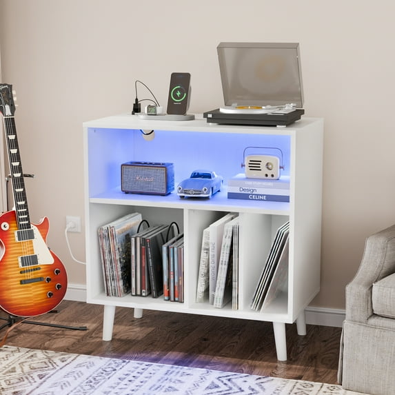 Ktaxon Record Player Stand, Vinyl Record Storage Cabinet with LED & Outlets, Modern Turntable Stand for Living Room Office, White