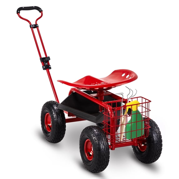 Ktaxon Red Rolling Garden Cart with Seat, Height Adjustable Gardening Stool, 10 Inch All Terrain Wheels for Yard Lawn Outdoor Use