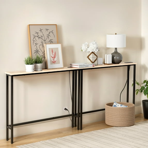 Ktaxon 79in Entryway Table with Charging Station, 2-Piece Oak & Metal Console Table Set, Narrow Sofa Side Table with 2 Outlets for Foyer, Living Room