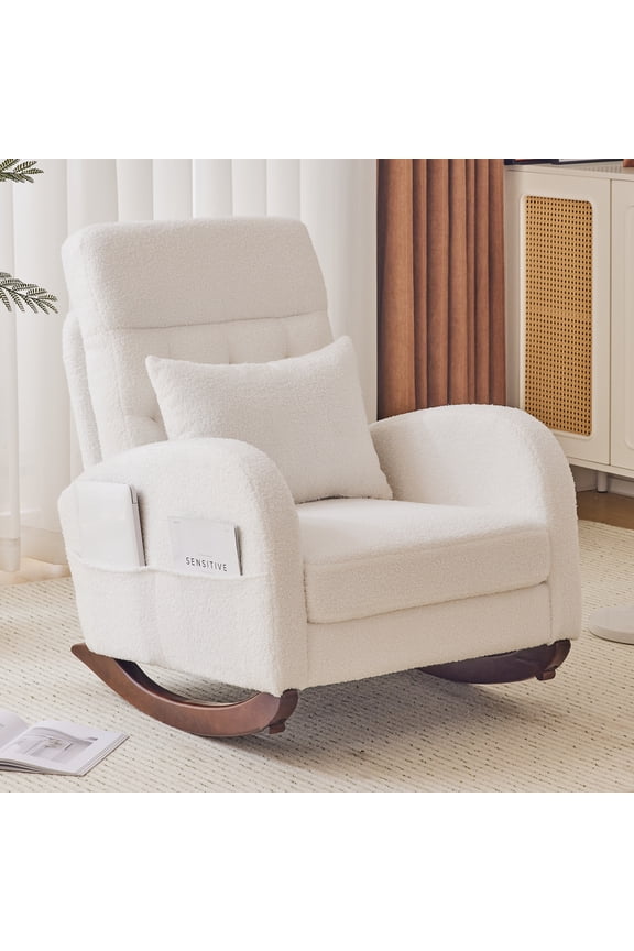 Rocking Accent Chair Glider Reading Chair Comfy Teddy Velvet Upholstered Single Sofa Rocker for Living Room, Nursery, Bedroom Beige