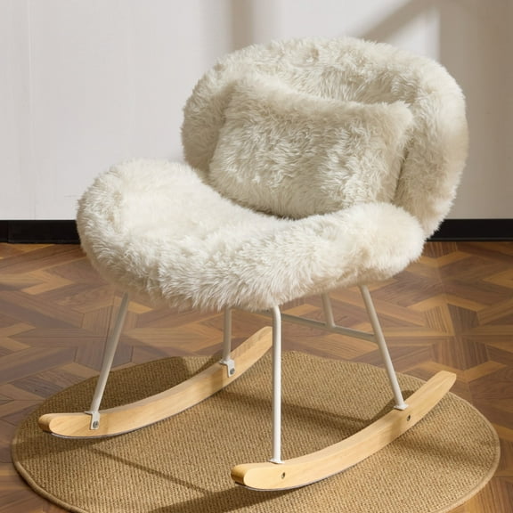 Ktaxon Rocking Accent Chair with Padded Seat, Cute Cozy Nest Style Nursery Chair, Long Pile Fabric Glider Rocker with Wooden Metal Frame White