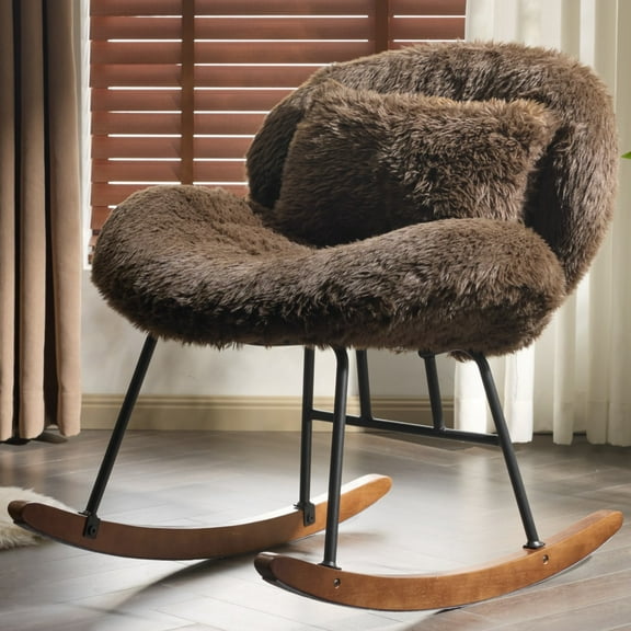 Ktaxon Rocking Accent Chair with Padded Seat, Cute Cozy Nest Style Nursery Chair, Long Pile Fabric Glider Rocker with Wooden Metal Frame Coffee