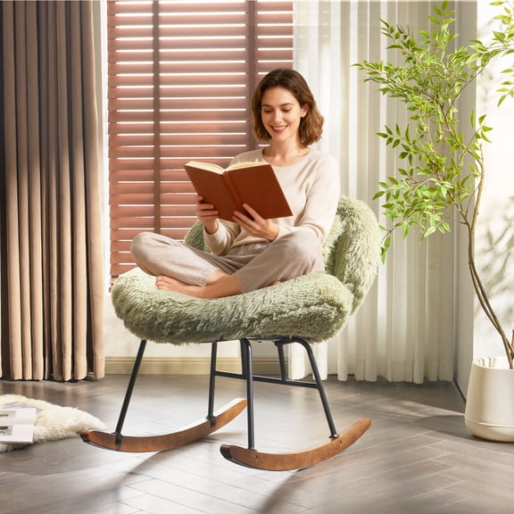 Ktaxon Rocking Accent Chair with Padded Seat, Cute Cozy Nest Style Nursery Chair, Long Pile Fabric Glider Rocker with Wooden Metal Frame Green