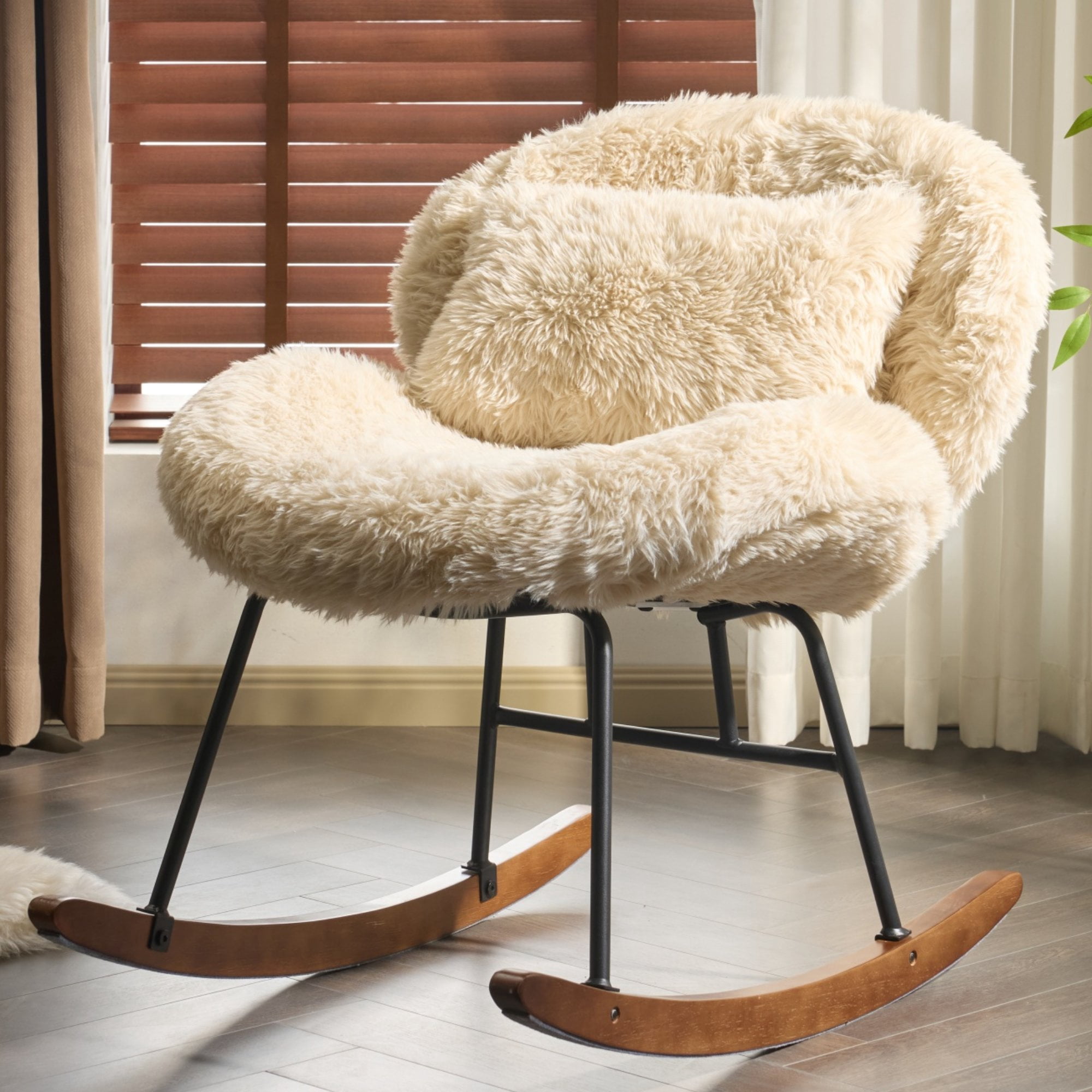 Ktaxon Rocking Accent Chair with Padded Seat, Cute Cozy Nest Style Nursery Chair, Long Pile Fabric Glider Rocker with Wooden Metal Frame Light Khaki