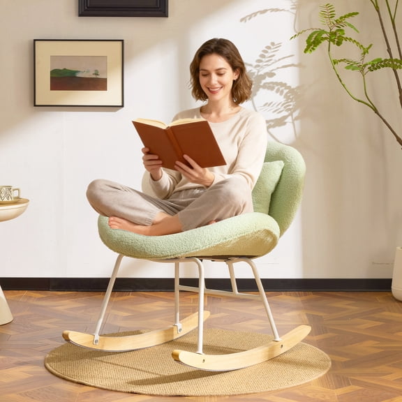Ktaxon Rocking Accent Chair with Padded Seat, Cute Cozy Nest Style Nursery Chair, Teddy Fleece Glider Rocker with Wooden Metal Frame Mint Green