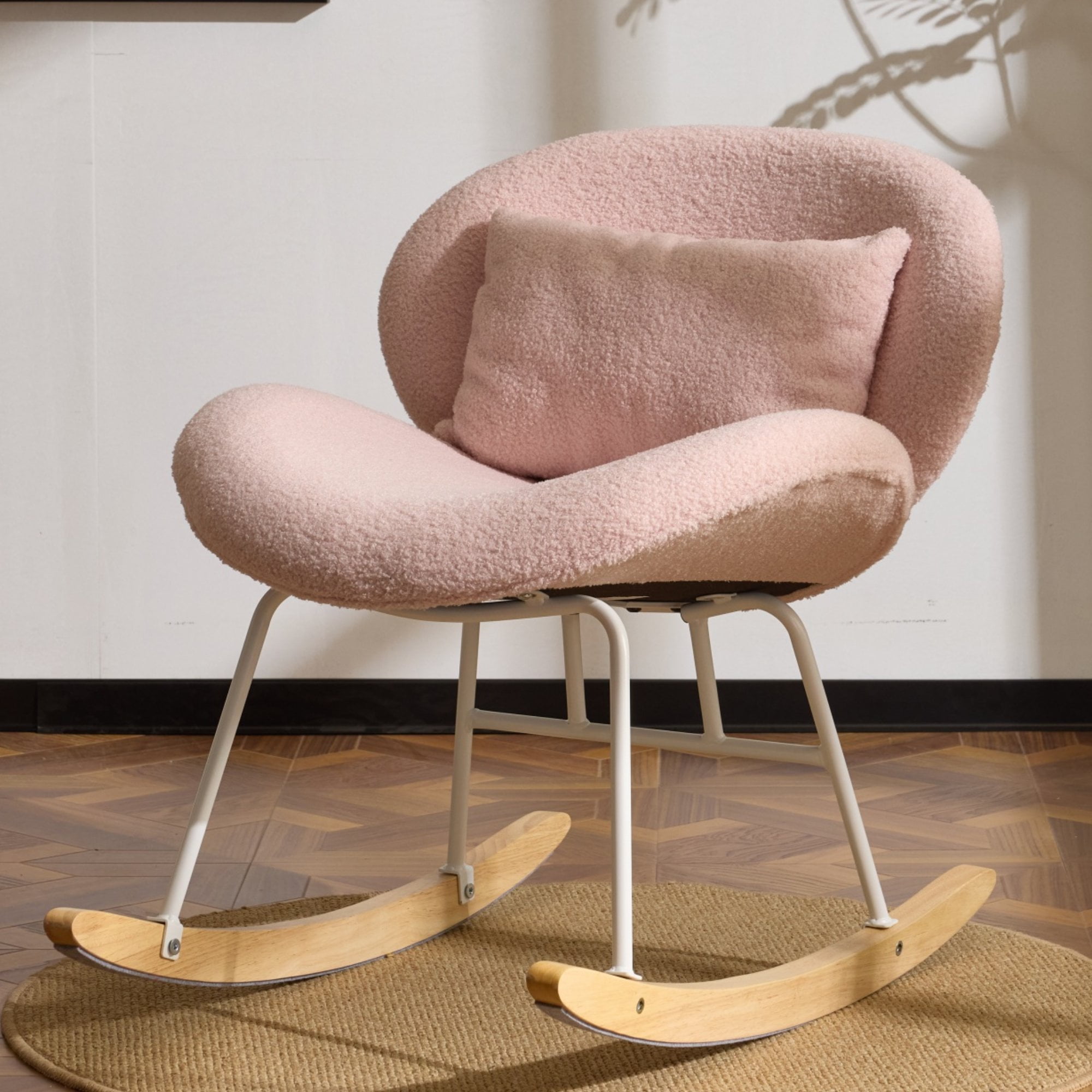 Ktaxon Rocking Accent Chair with Padded Seat Cute Cozy Nest Style Nursery Chair Teddy Fleece Glider Rocker with Wooden Metal Frame Pink