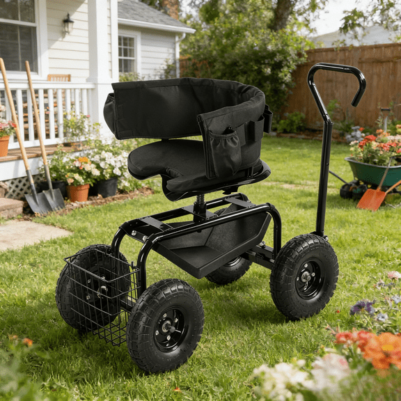 Ktaxon Rolling Garden Cart with Cushioned Backrest & Seat, Outdoor Gardening Stool for Planting, Garden Scooter with 360 Degree Swivel Seat & Steering Handle & Tool Tray, Black
