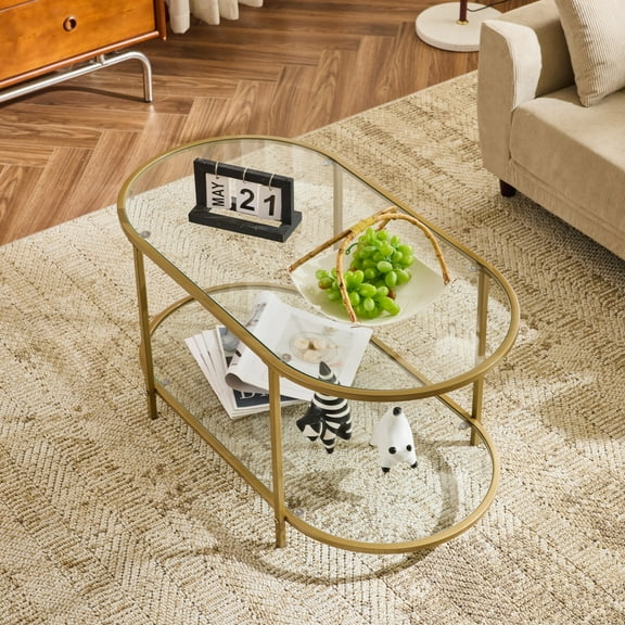 Ktaxon Rustic Coffee Table, Transparent Glass 2-Tier Oval Vintage Minimalist Design Center Table Rust Resistant Narrow Table for Living Room, Matte Gold