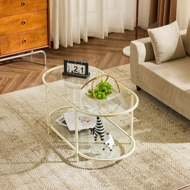 Ktaxon Rustic Coffee Table, Transparent Glass 2-Tier Oval Vintage Minimalist Design Center Table Rust Resistant Narrow Table for Living Room, Beige