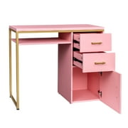 Ktaxon Salon Manicure Table Nail Desk for Nail Tech with Chipboard Top 2 Drawers Iron Frame, Pink