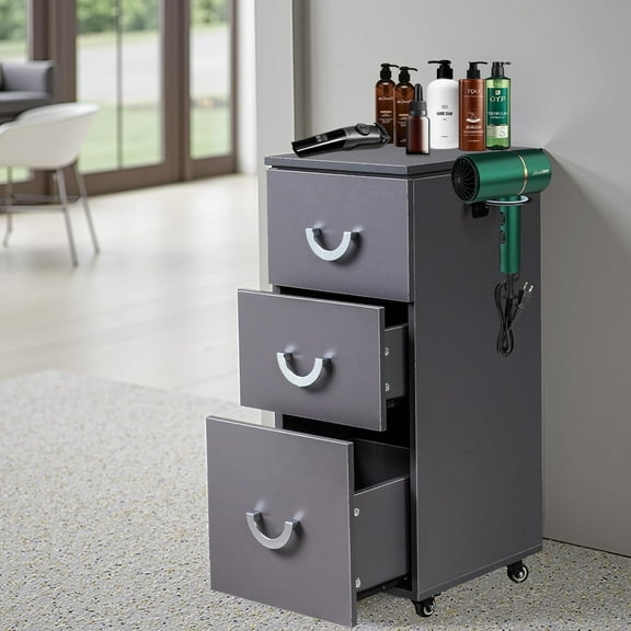 Ktaxon Salon Trolley Cart with Wheels, 3 Drawers, Side Tool Holders, Dark Grey