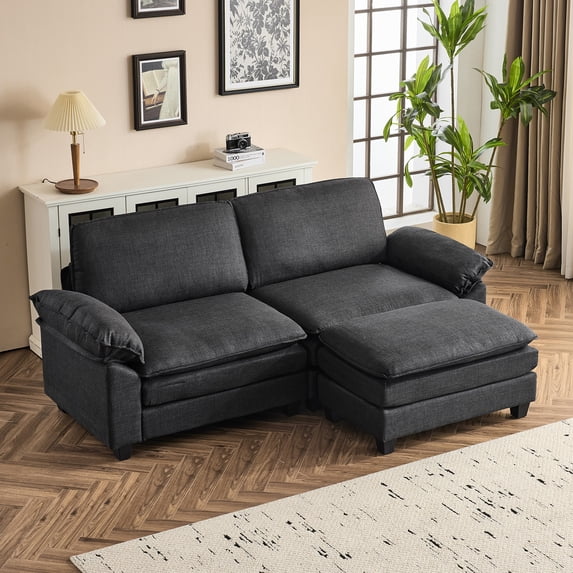 Ktaxon 86" W Sectional Convertible Sofa L Shaped Modular Couch with Chaise Coarse Linen Sleeper Set with 2 Oversized Seats Black
