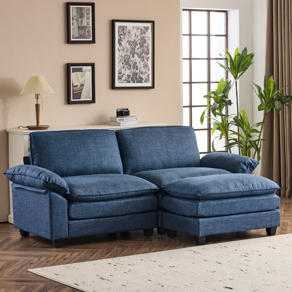 Ktaxon 86" W Sectional Convertible Sofa L Shaped Modular Couch with Chaise Coarse Linen Sleeper Set with 2 Oversized Seats Blue