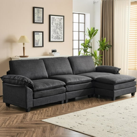 Ktaxon 120" W Sectional Convertible Sofa L Shaped Modular Couch with Chaise Coarse Linen Sleeper Set with 3 Oversized Seats Black