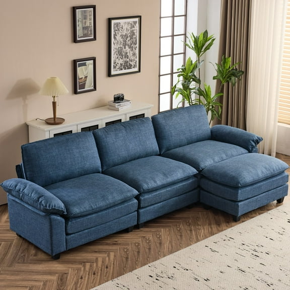 Ktaxon 120" W Sectional Convertible Sofa L Shaped Modular Couch with Chaise Coarse Linen Sleeper Set with 3 Oversized Seats Blue