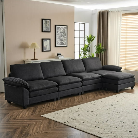 Ktaxon 155" W Sectional Convertible Sofa L Shaped Modular Couch with Chaise Coarse Linen Sleeper Set with 4 Oversized Seats Black