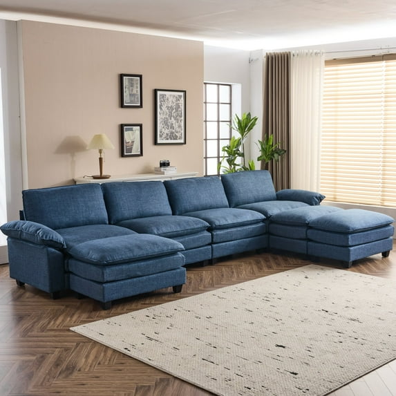 Ktaxon 155" W Sectional Convertible Sofa U Shaped Modular Cloud Couch with 3 Chaises Coarse Linen Sleeper Set with 4 Oversized Seats Blue