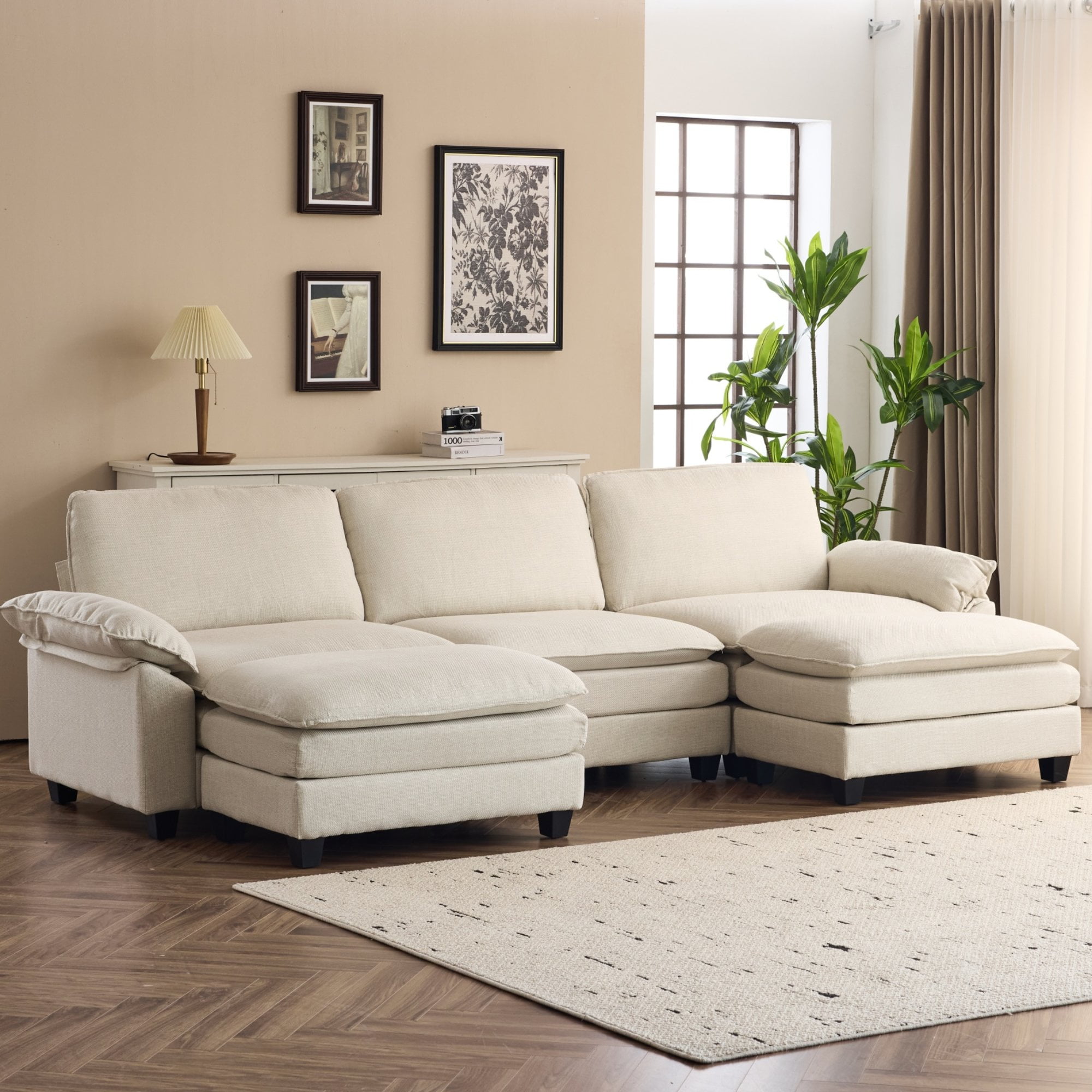 Walmart savings: Ktaxon Sectional Convertible Sofa U Shaped Modular Couch with Double Chaise Coarse Linen Sleeper Set with 3 Oversized Seats 120" W Beige
