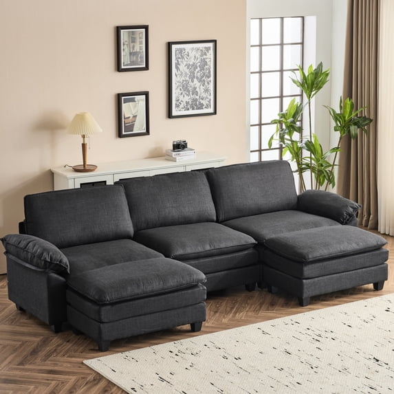 Ktaxon 120" W Sectional Convertible Sofa U Shaped Modular Couch with Double Chaise Coarse Linen Sleeper Set with 3 Oversized Seats Black